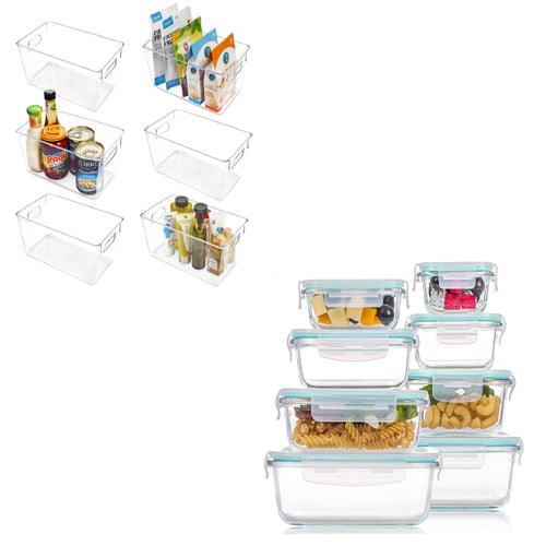 Vtopmart Kitchen Storage Set: Clear Plastic Pantry Bins and 8-Pack Glass Food Containers